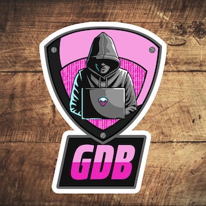 May include: A pink and black sticker with a hooded figure in front of a laptop. The figure is wearing a black hoodie and is sitting in front of a laptop with a white screen. The sticker has the text "GDB" in white letters on a black background.