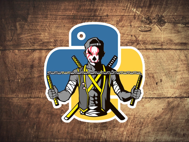 May include: A yellow and blue Python logo featuring a stylised illustration of a masked figure wielding nunchucks. The figure is dressed in black and yellow attire and has a red and white mask.