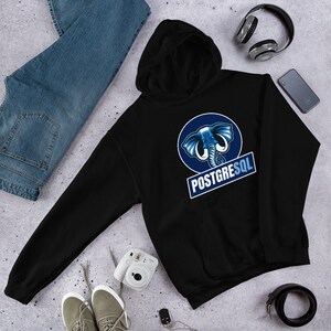 May include: Black hooded sweatshirt with a blue and white graphic of an elephant and the text "POSTGRESQL".
