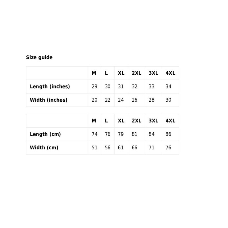 K&ouml;nnte beinhalten: Gr&ouml;&szlig;entabelle f&uuml;r Kleidung mit Ma&szlig;en in Zoll und Zentimetern. Die Tabelle zeigt die Gr&ouml;&szlig;en M, L, XL, 2XL, 3XL und 4XL mit den entsprechenden L&auml;ngen- und Breitenma&szlig;en.