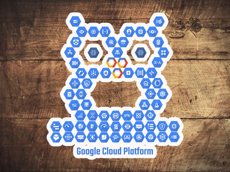May include: An owl-shaped sticker made of blue and white hexagonal icons, with the text "Google Cloud Platform" at the base. The sticker is set against a wooden background.