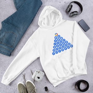 May include: White hoodie featuring a blue and white Google logo and a triangle of blue hexagons with white icons on a white background.