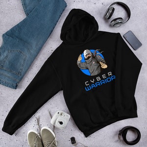 May include: Black hooded sweatshirt with a graphic of a cyber warrior character in a blue circle. The text "CYBER WARRIOR" is printed in blue below the graphic.