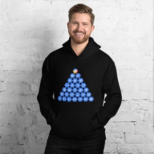 May include: A black hoodie with a blue triangle design featuring a variety of white icons. The icons are arranged in a pyramid shape and include symbols such as a star, a circle, a square, a triangle, a line, a dot, and a cross.