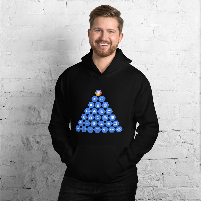 May include: A black hoodie with a blue triangle design featuring a variety of white icons. The icons are arranged in a pyramid shape and include symbols such as a star, a circle, a square, a triangle, a line, a dot, and a cross.