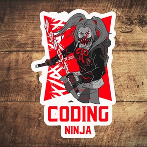 Może przedstawiać: Naklejka w kolorze czerwonym i białym z czarno-białym rysunkiem kobiety w masce trzymającej miecz. Pod rysunkiem znajduje się tekst "CODING NINJA".