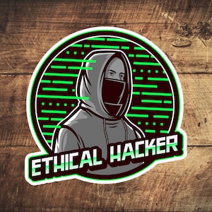 May include: A black and green logo with a hooded figure wearing a mask. The figure is in front of a circle with green and black lines. The text "ETHICAL HACKER" is below the circle.