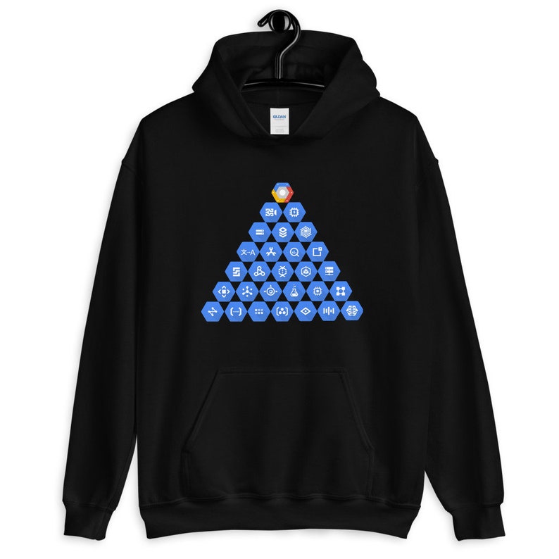May include: Black hoodie with a blue pyramid design featuring various Google Cloud Platform icons. The pyramid is made up of hexagons with a white outline. The top of the pyramid features the Google Cloud Platform logo.