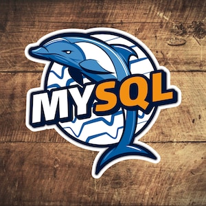 Puede incluir: Un delfín azul saltando fuera de un círculo blanco con un patrón de onda azul y blanco. La palabra "MYSQL" está escrita en letras naranjas en el círculo.