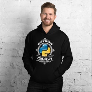 May include: Black hoodie with a white graphic of the Python logo and the text "PYTHON CODE STUFF LIKE A PRO".