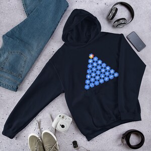 May include: A navy blue hoodie featuring a triangular pattern of blue hexagons, each containing a different white icon. The icons represent various programming languages and tools.