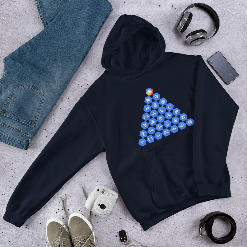 May include: A navy blue hoodie featuring a triangular pattern of blue hexagons, each containing a different white icon. The icons represent various programming languages and tools.