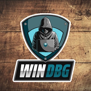 May include: A blue and gray shield with a hooded figure holding a laptop. The shield has a silver screw on each side. The text "WINDBG" is below the shield.