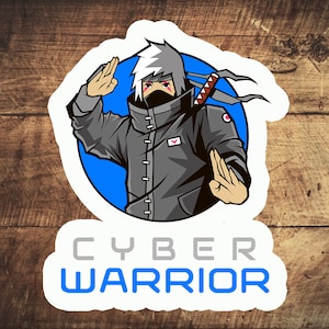 Könnte beinhalten: Ein Aufkleber mit einem Cartoon-Ninja mit weißen Haaren, der eine graue Jacke und eine blaue Maske trägt und ein Schwert hält. Der Hintergrund ist blau und der Text "CYBER WARRIOR" ist in weißen und blauen Buchstaben geschrieben.