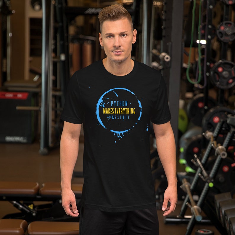 May include: Black t-shirt with a blue and yellow circle graphic that says "PYTHON MAKES EVERYTHING POSSIBLE".