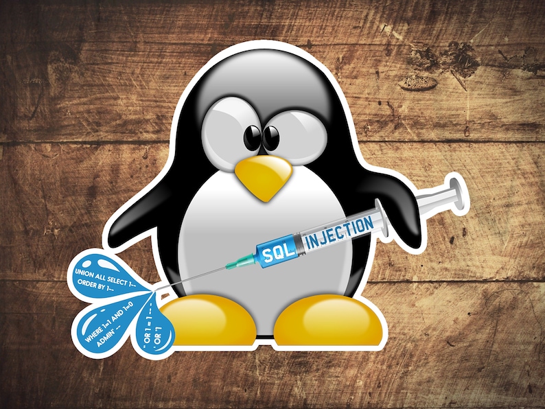 May include: A cartoon penguin with a syringe labeled "SQL INJECTION" in its beak. The penguin is injecting a blue liquid into three water drops with SQL code written on them.