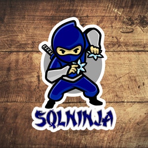 Puede incluir: Un personaje de dibujos animados de ninja azul lanzando estrellas arrojadizas con una espada detrás de él. El texto "SQLNINJA" está debajo del personaje.
