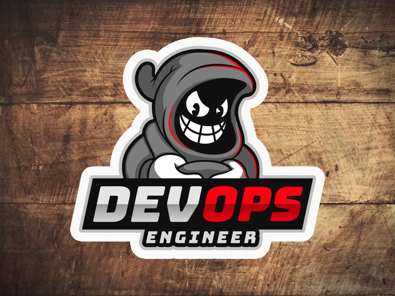 May include: A cartoon illustration of a hooded figure with a mischievous grin, holding a controller. The text "DEVOPS ENGINEER" is below the figure in a white, red, and black banner.