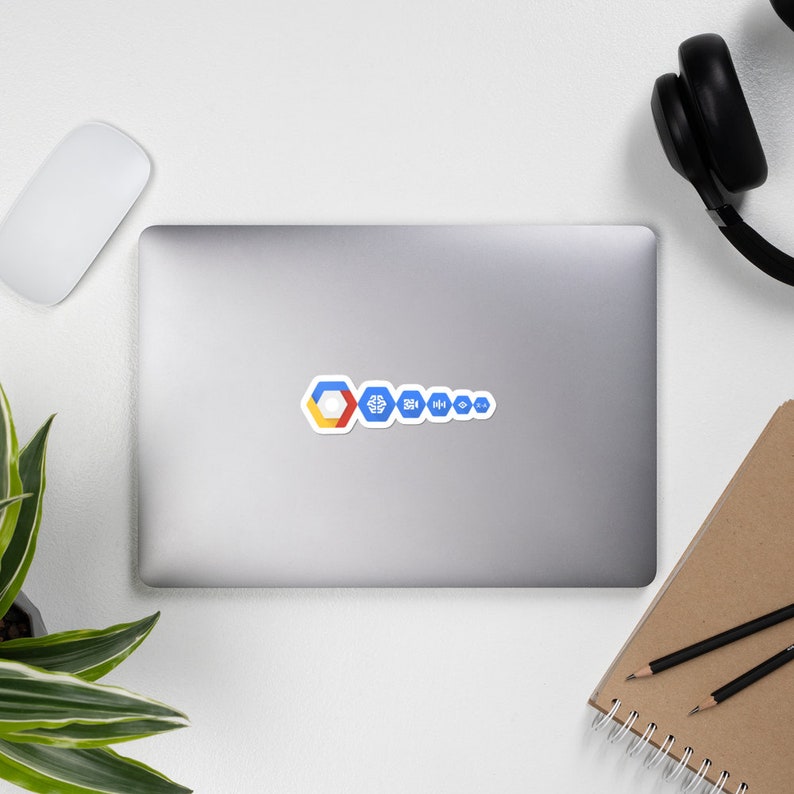 May include: A sticker featuring a row of blue and yellow hexagons with various symbols, including a brain, a cloud, a play button, a forward arrow, and a star.
