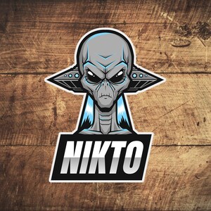May include: A gray alien with large eyes and a black background with the word "NIKTO" in white letters.