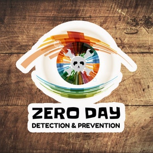 May include: A colorful eye graphic with a skull and crossbones inside, surrounded by a white circle. The text "ZERO DAY DETECTION & PREVENTION" is below the graphic.
