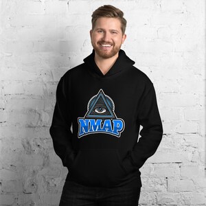 May include: Black hoodie with a blue all-seeing eye graphic inside a triangle and the word "NMAP" in blue letters.