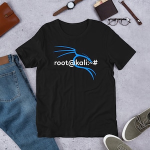 May include: Black t-shirt with a blue Kali Linux logo and the text "root@kali:~#"