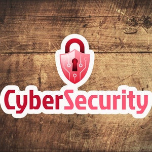 Puede incluir: Una pegatina roja y blanca con un candado y un diseño de placa de circuito. El texto "CyberSecurity" está escrito en letras blancas sobre un fondo rojo.