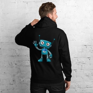 May include: Black hoodie with a blue robot graphic on the back. The robot is waving and has the word "reCAPTCHA" on its chest.