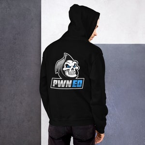 May include: Black hooded sweatshirt with a graphic of a skull wearing a hooded robe and the word "PWND" in blue and white letters.