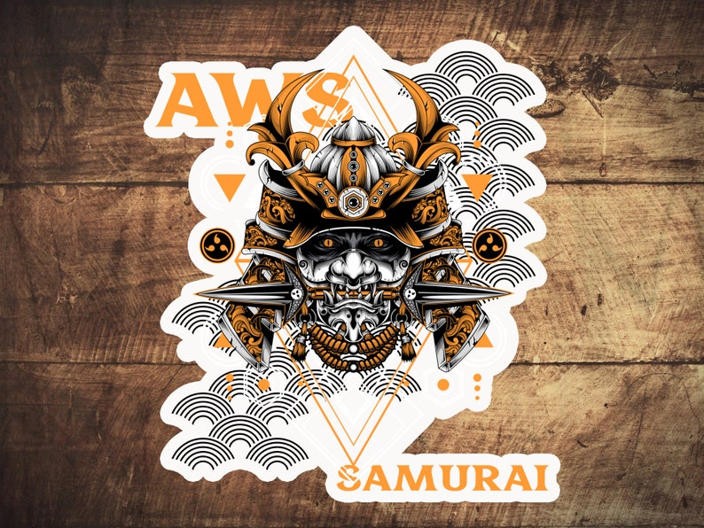May include: A white sticker featuring a black and orange illustration of a samurai warrior wearing a helmet with a fierce expression. The text "AWESOME SAMURAI" is printed on the sticker.