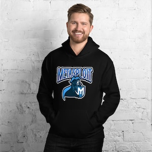 May include: Black hooded sweatshirt with a blue and white graphic of a knight holding a shield with the letter "M" and the text "METASPLOIT" above the graphic.
