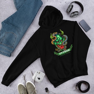 May include: Black hooded sweatshirt with a green demon face graphic and the text "Python Demon Coder" in a green banner.