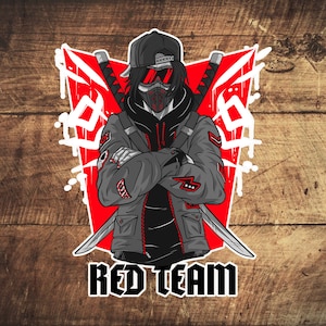 Op de afbeelding: Een rood en wit grafisch ontwerp met een zwart-witte illustratie van een persoon die een zwart masker en een zwart-witte baseballpet draagt. De persoon houdt twee gekruiste zwaarden voor zich vast. De tekst "RED TEAM" staat onder de illustratie.