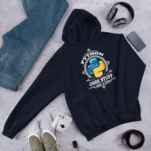 May include: A navy blue hoodie with a white graphic design featuring the Python logo and the text "Python Code Stuff Like A Pro".