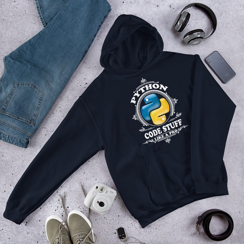 May include: A navy blue hoodie with a white graphic design featuring the Python logo and the text "Python Code Stuff Like A Pro".