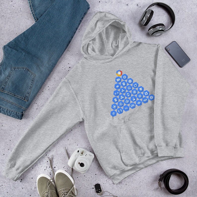 May include: A grey hooded sweatshirt with a blue triangle design featuring various symbols and icons. The design is centred on the front of the sweatshirt.
