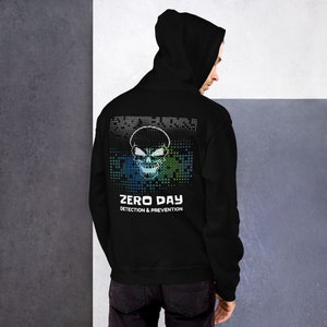 May include: Black hooded sweatshirt with a white skull graphic and the text "ZERO DAY DETECTION & PREVENTION" on the back.