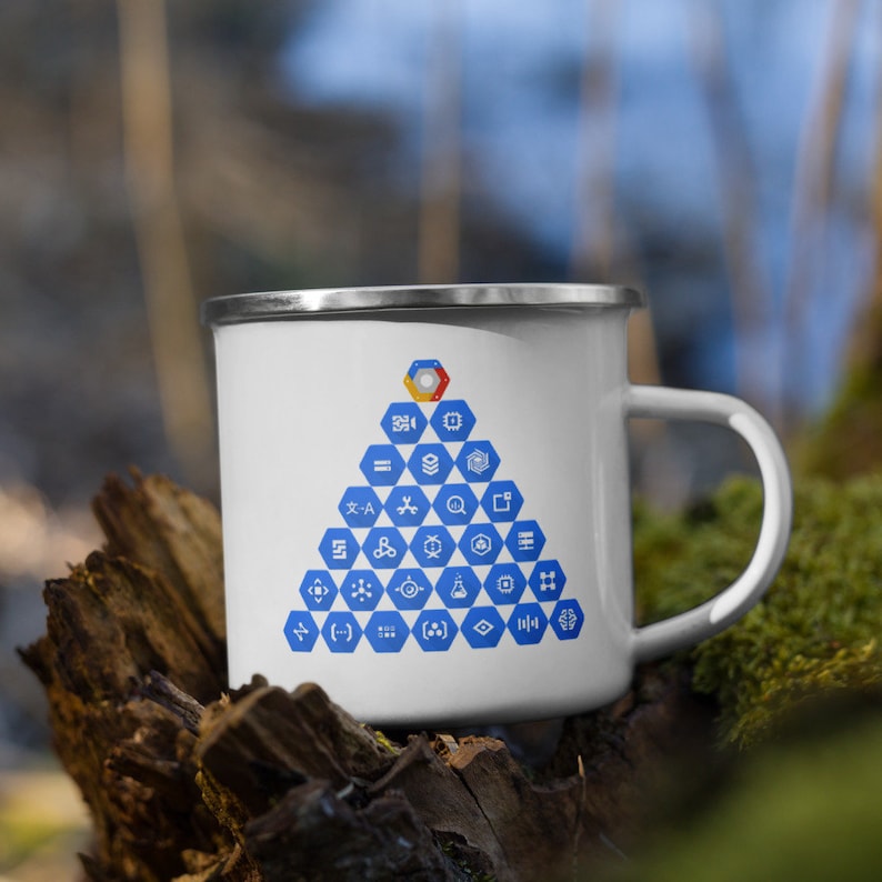 May include: White enamel mug featuring a blue and yellow Google logo and a pyramid of blue icons representing Google products and services.