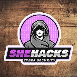 May include: A logo for a company called "SHEHACKS" that specializes in cyber security. The logo features a hooded figure with a binary code background in a circle. The text "SHEHACKS" is in a bold, black font with a purple outline. The text "CYBER SECURITY" is in a smaller, white font.