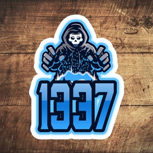 May include: A blue and white sticker with a hooded figure in front of a digital code background. The figure has a skull face and is holding two objects in its hands. The number 1937 is below the figure.