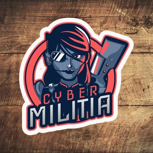 Puede incluir: Una pegatina blanca con un círculo rojo y una ilustración azul y roja de una mujer con gafas de sol y sosteniendo un arma. El texto "CYBER MILITIA" está escrito en letras blancas en la pegatina.
