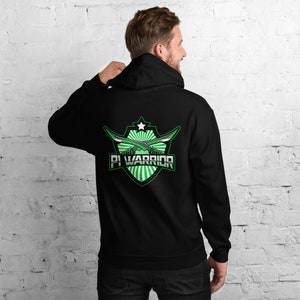May include: Black hooded sweatshirt with a green and white logo that says "PI WARRIOR" on the back.