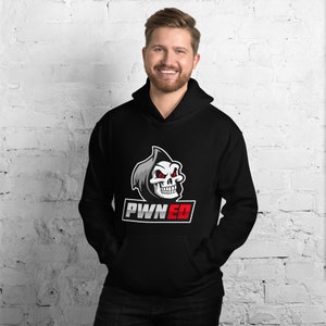 May include: Black hooded sweatshirt with a graphic of a skull with red eyes and the word "PWND" in white letters.