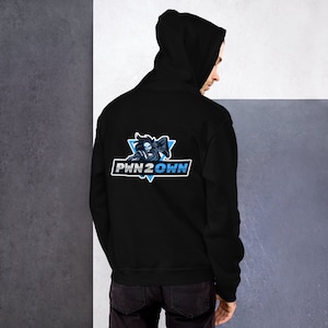 May include: Black hooded sweatshirt with a blue and white logo featuring a character and the text "PWN2OWN".
