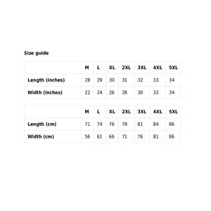 May include: Size guide for clothing with measurements in inches and centimetres. The chart shows the length and width of different sizes from M to 5XL.