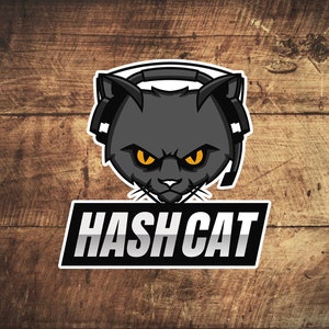 May include: A black cat wearing headphones with yellow eyes and a white and black banner with the text "HASH CAT" on a brown wooden background.