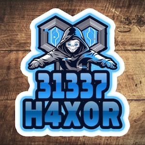May include: A blue and white sticker with a hooded figure in front of a digital gate. The text "31337 H4XOR" is below the figure.