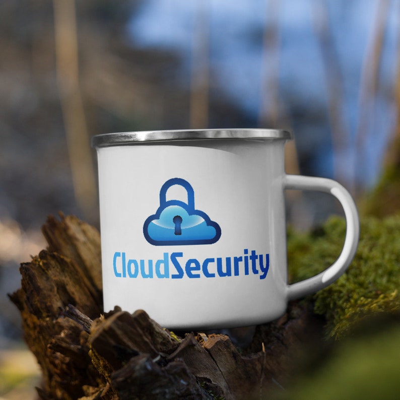 May include: White enamel mug with a blue cloud and lock graphic and the text "CloudSecurity".