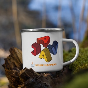 May include: White enamel mug with a colorful 3D "JAVA" design and the text "STUFF HAPPENS" below. A small coffee cup icon is next to the text.